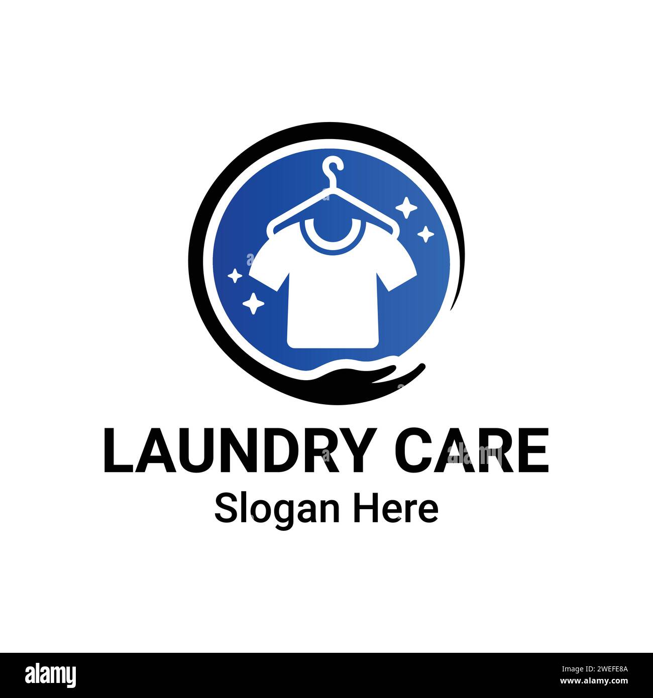 Design con logo Launage Care. Modello con logo per lavaggio a secco. Semplice logo illustrativo per il bucato con t-shirt e simbolo di appendiabiti. Logo vettore lavanderia su AN bianco Illustrazione Vettoriale