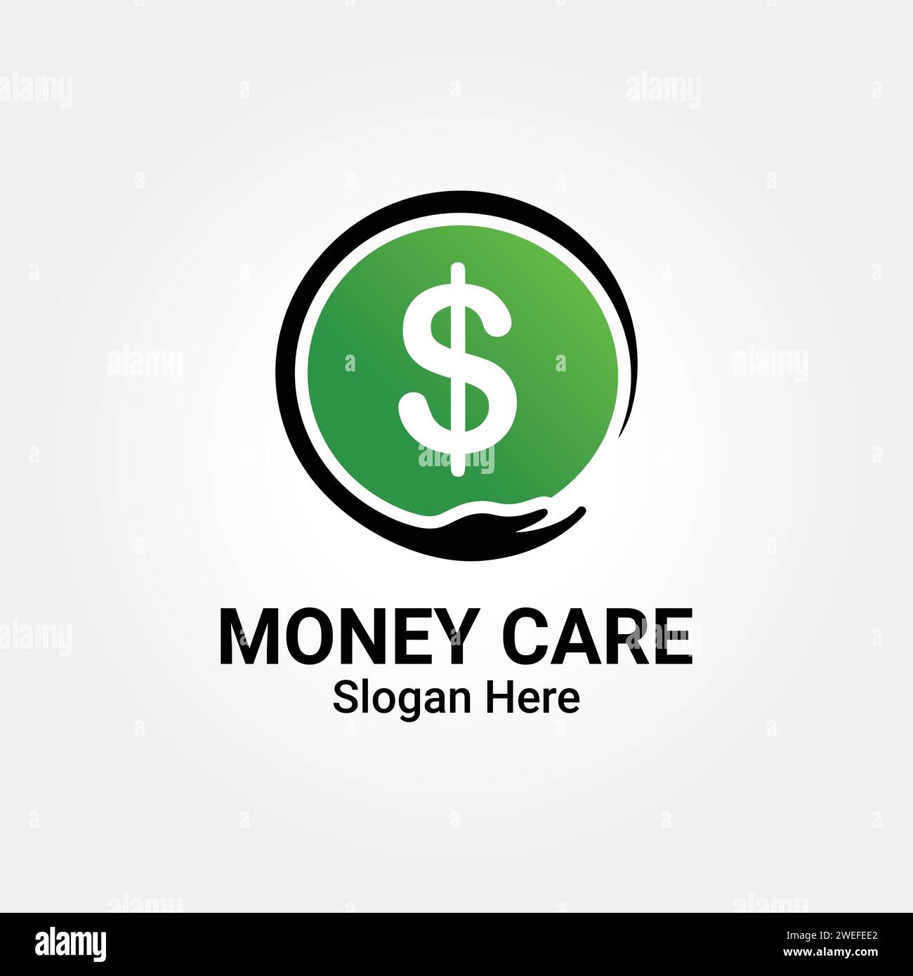 Logo Money Care con cura delle mani. Trasferisci, sicuro, paga, assistenza, denaro digitale, logo di investimento della società finanziaria. Illustrazione vettoriale, EPS 10, elemento icona. Illustrazione Vettoriale