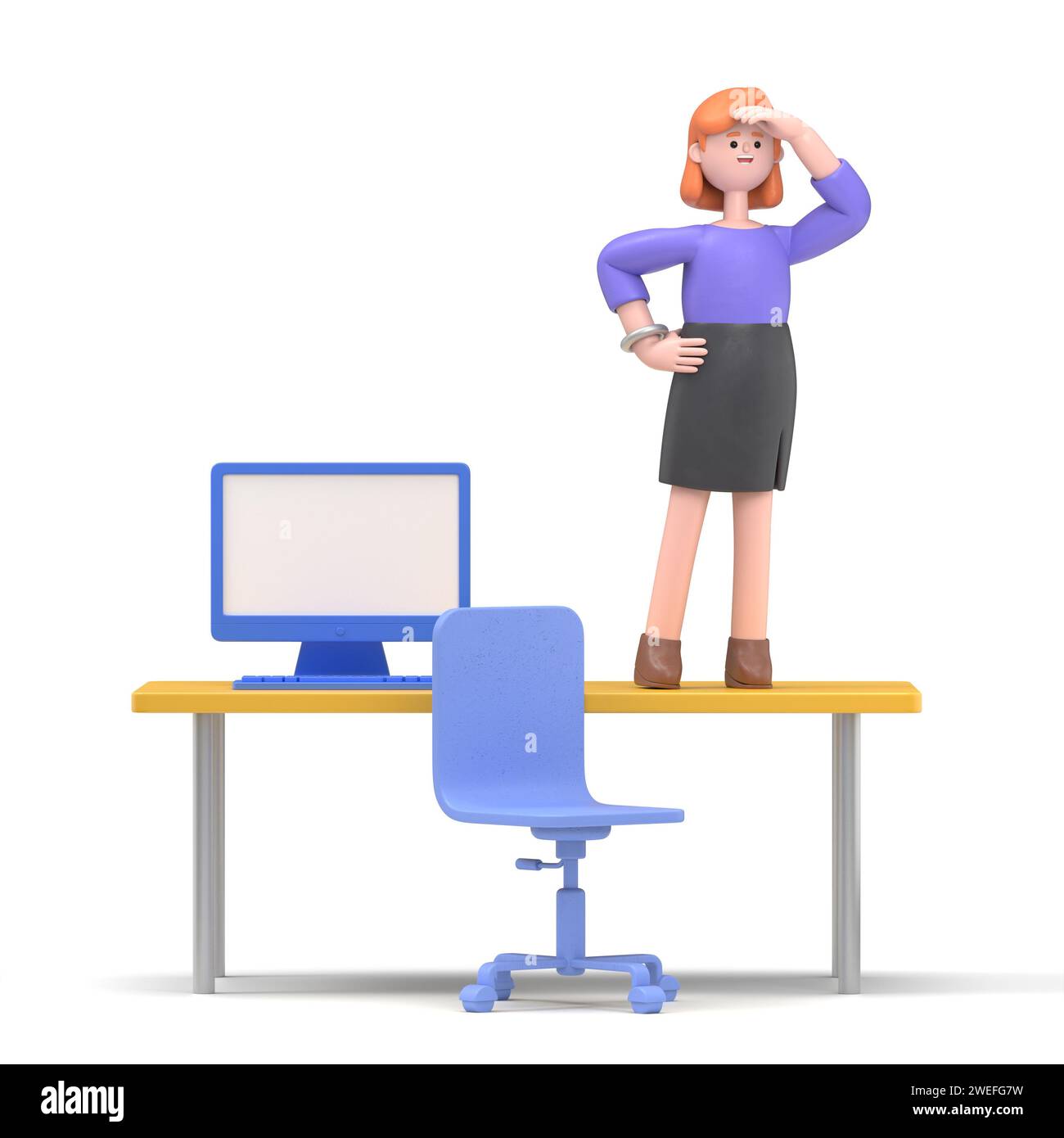 L'illustrazione 3D di un uomo d'affari si trova sul tavolo dell'ufficio e guarda a distanza alla ricerca dei dipendenti. Noi siamo hirin Foto Stock