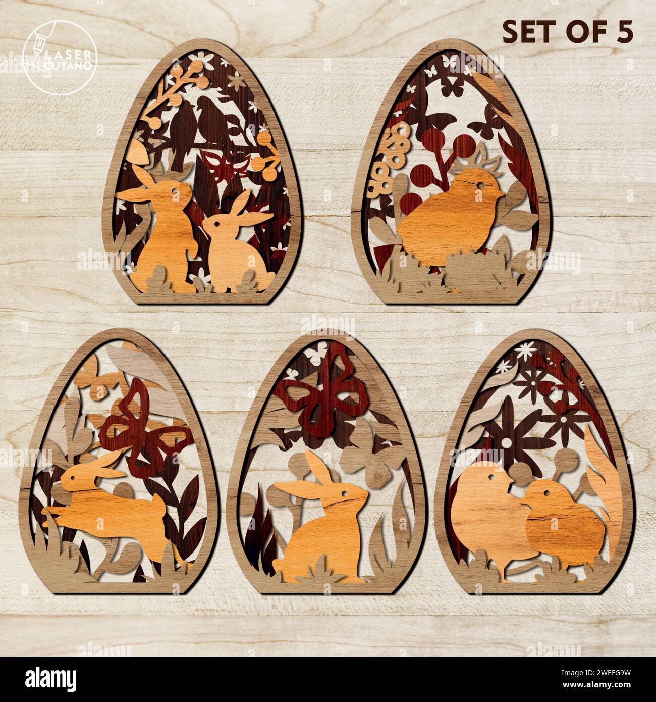 PACCHETTO EASTER EGGS i file di layout multistrato digitali sono appositamente preparati per il taglio laser, la fresatrice CNC e altre macchine da taglio. Illustrazione Vettoriale