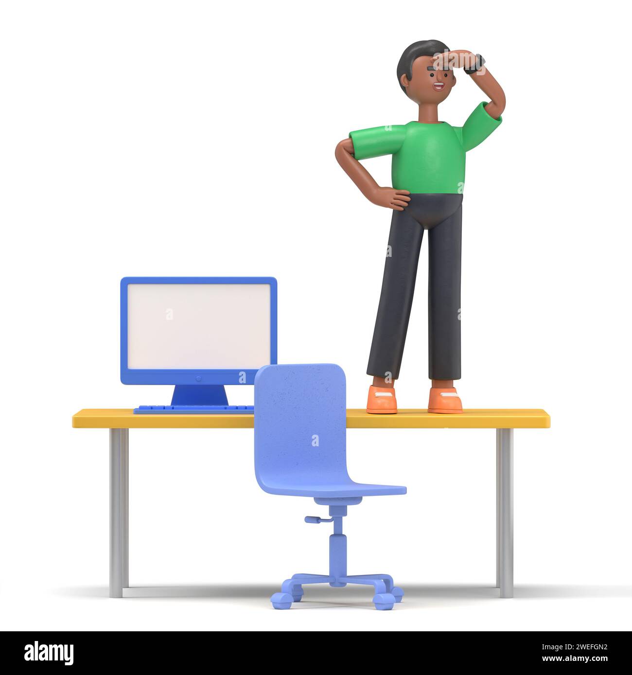 L'illustrazione 3D di un uomo d'affari si trova sul tavolo dell'ufficio e guarda a distanza alla ricerca dei dipendenti. Noi siamo hirin Foto Stock
