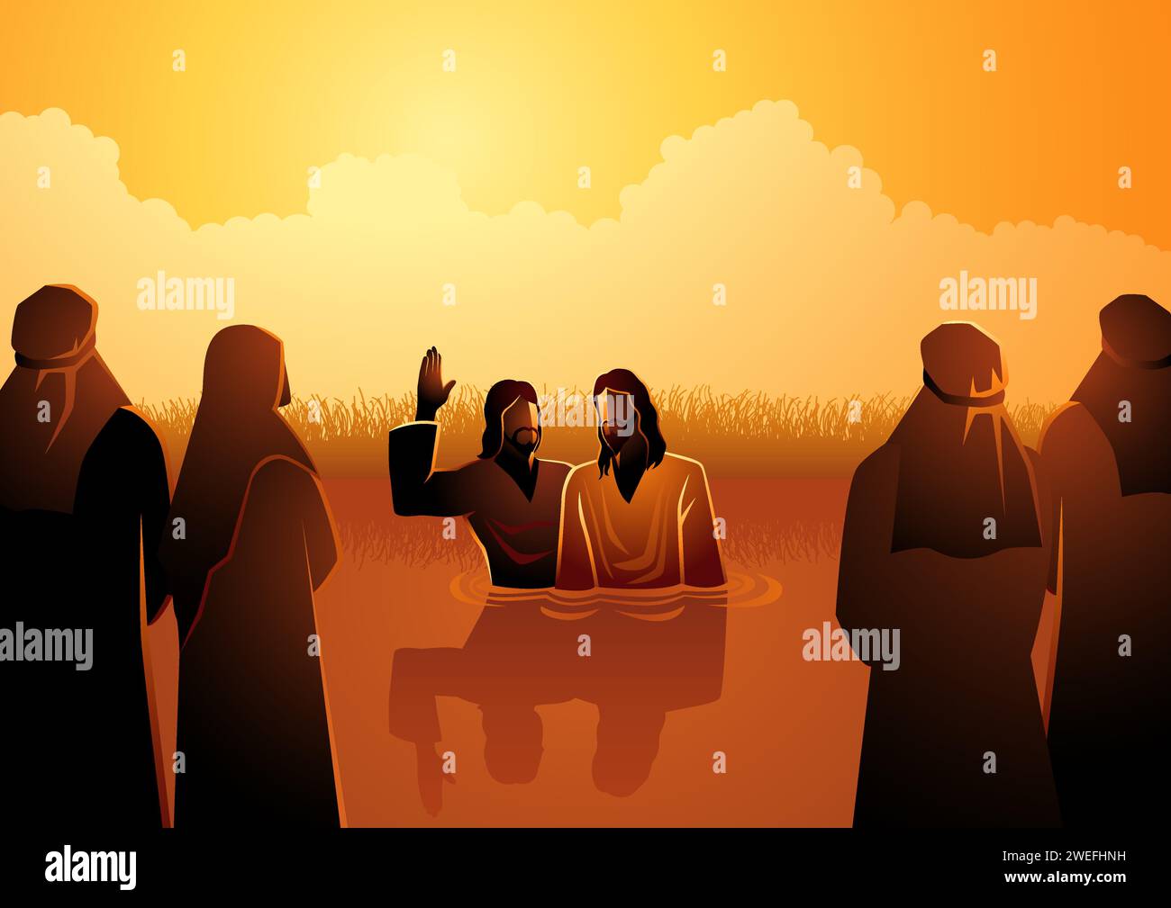 Serie biblica di illustrazione vettoriale, Gesù battezzato da Giovanni Battista mentre la folla di persone li guarda Illustrazione Vettoriale
