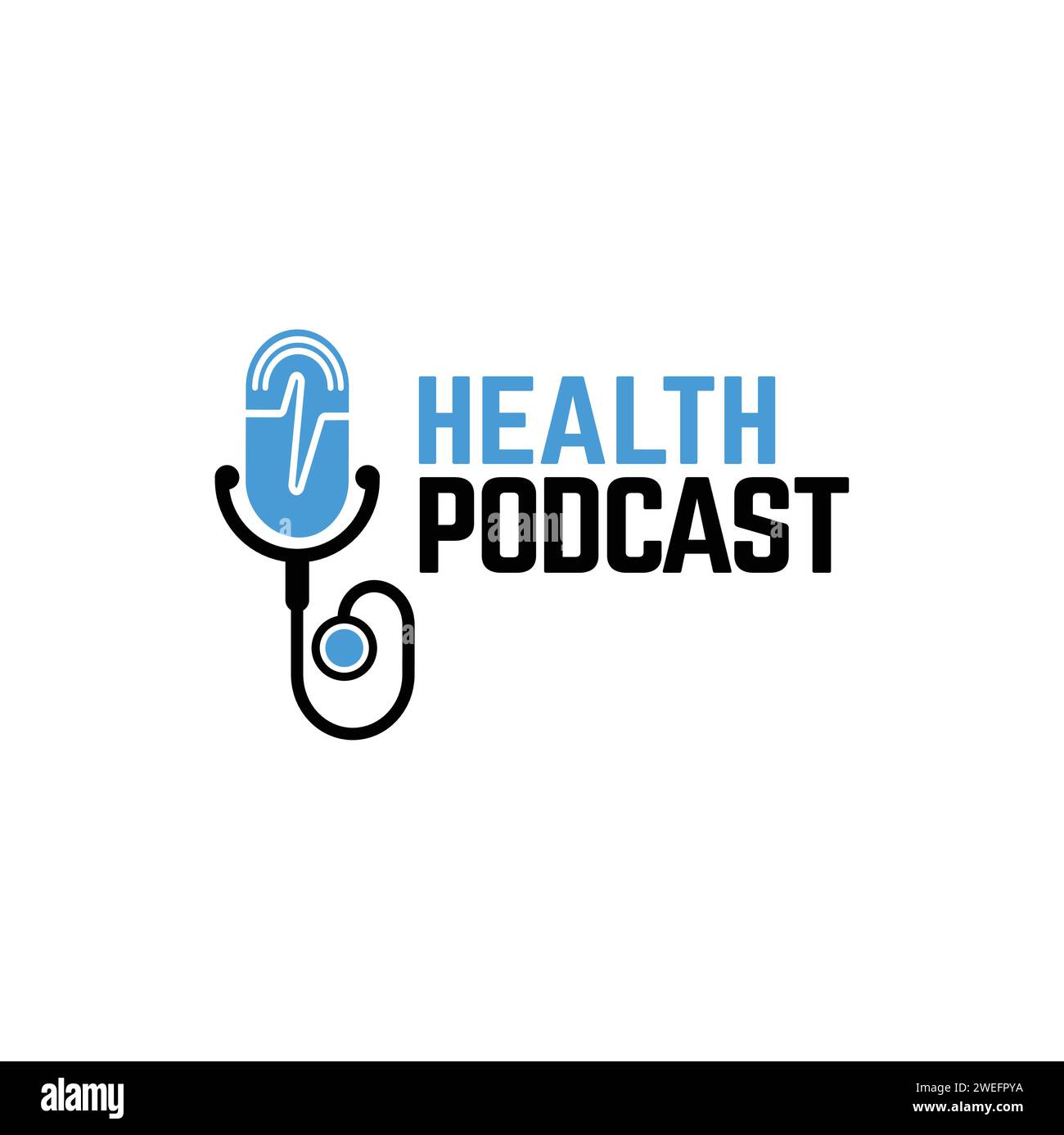 Creative Doctor Podcast Logo Design Concept con microfono e stetoscopio. Segno podcast salute e fitness. Simbolo di podcasting medico, icona. Illustrazione Vettoriale