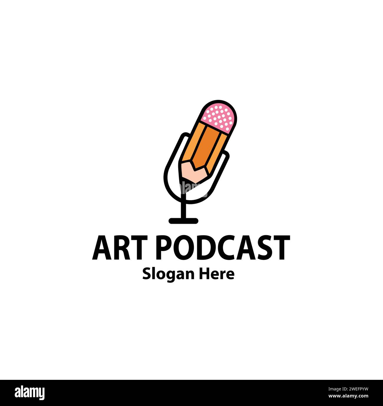 Design creativo del logo podcast per artisti con simbolo del segno concettuale del microfono a matita, icona, illustrazione ed elemento. Illustrazione Vettoriale