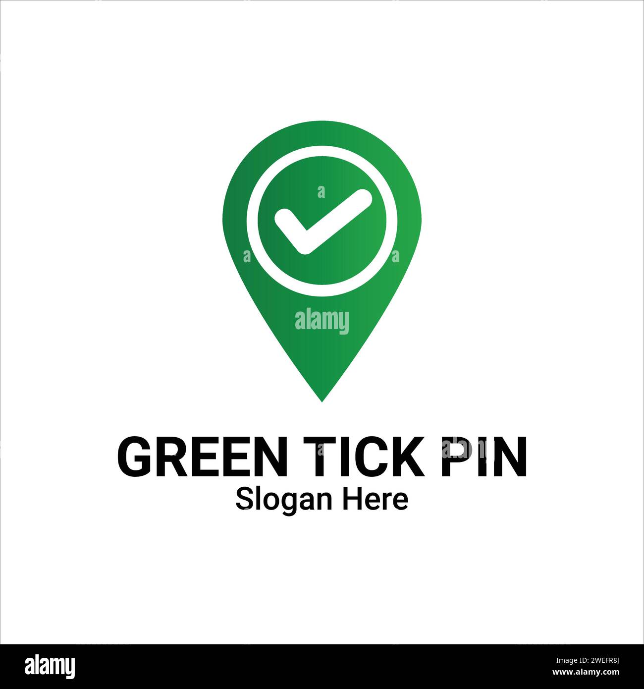 Tag geografico con segno di spunta o disegno logo punto di posizione. Selezionare Posiziona logo, segno di spunta verde e simbolo puntatore indirizzo. Posizione, posizione e destinazione Illustrazione Vettoriale