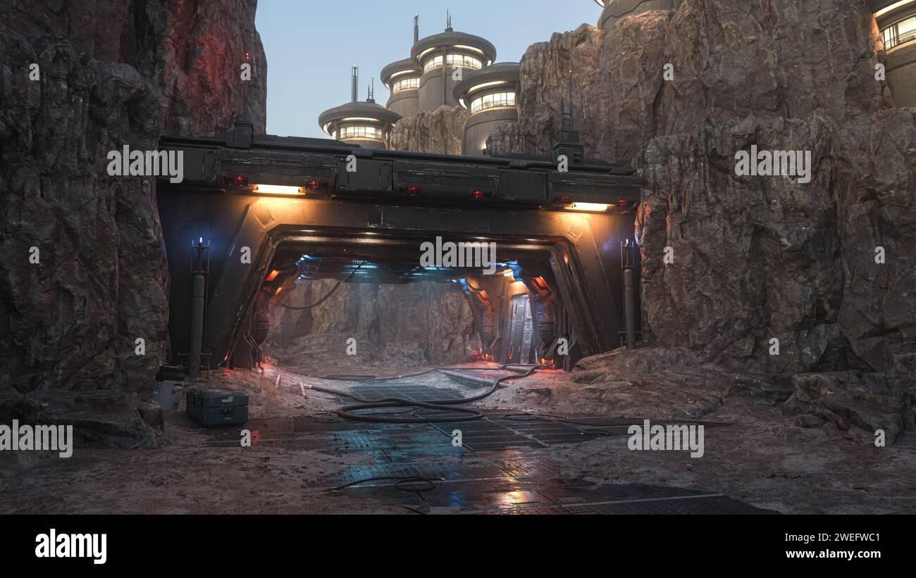 Fantascienza fantasy aliena posteggia la stazione spaziale in un paesaggio roccioso di montagna. Illustrazione 3D. Foto Stock