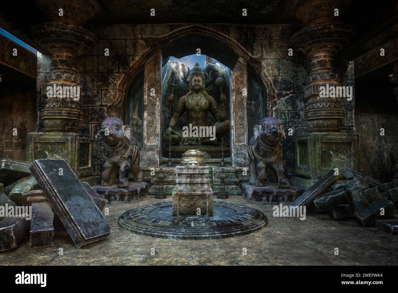 Rovine di un tempio indiano con statue di un dio e due elefanti. Illustrazione 3D. Foto Stock