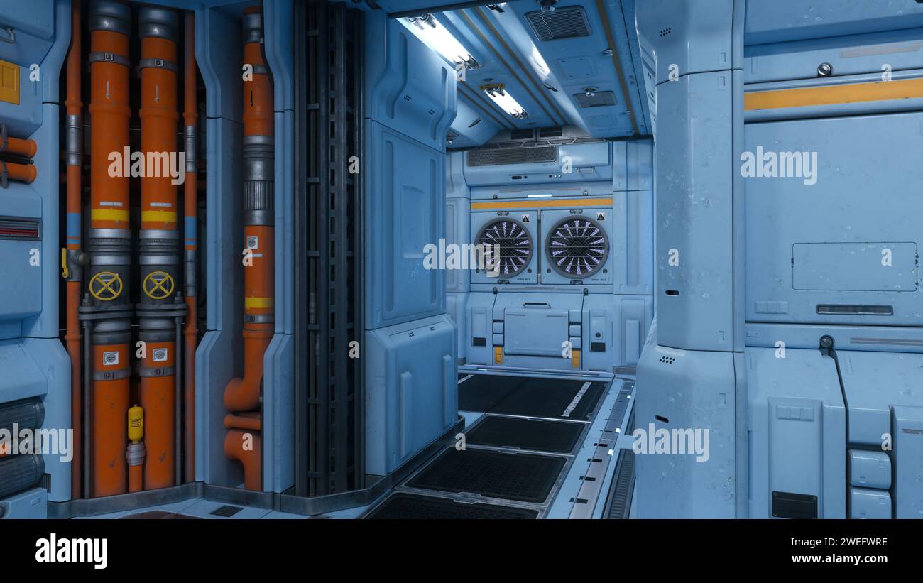 Interni futuristici di fantascienza industriale. Illustrazione 3D. Foto Stock