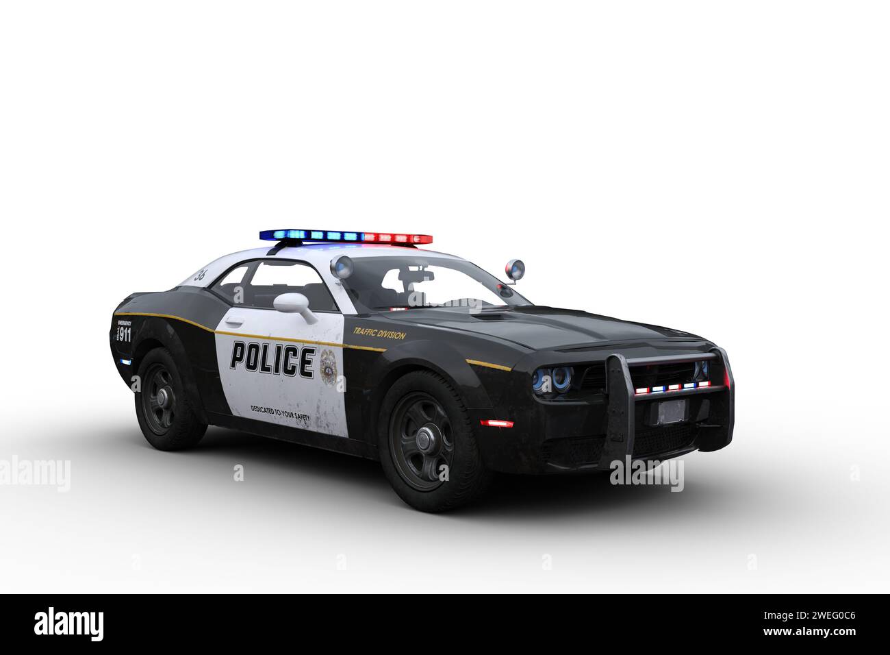Auto della polizia americana in bianco e nero.illustrazione 3D isolata su sfondo bianco. Foto Stock