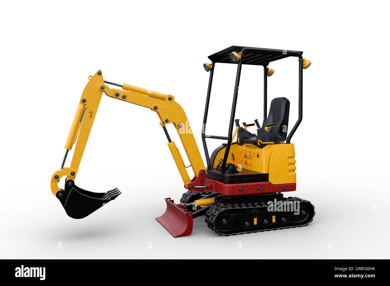 Mini scavatrice gialla per cantiere. Illustrazione 3D isolata su sfondo bianco. Foto Stock