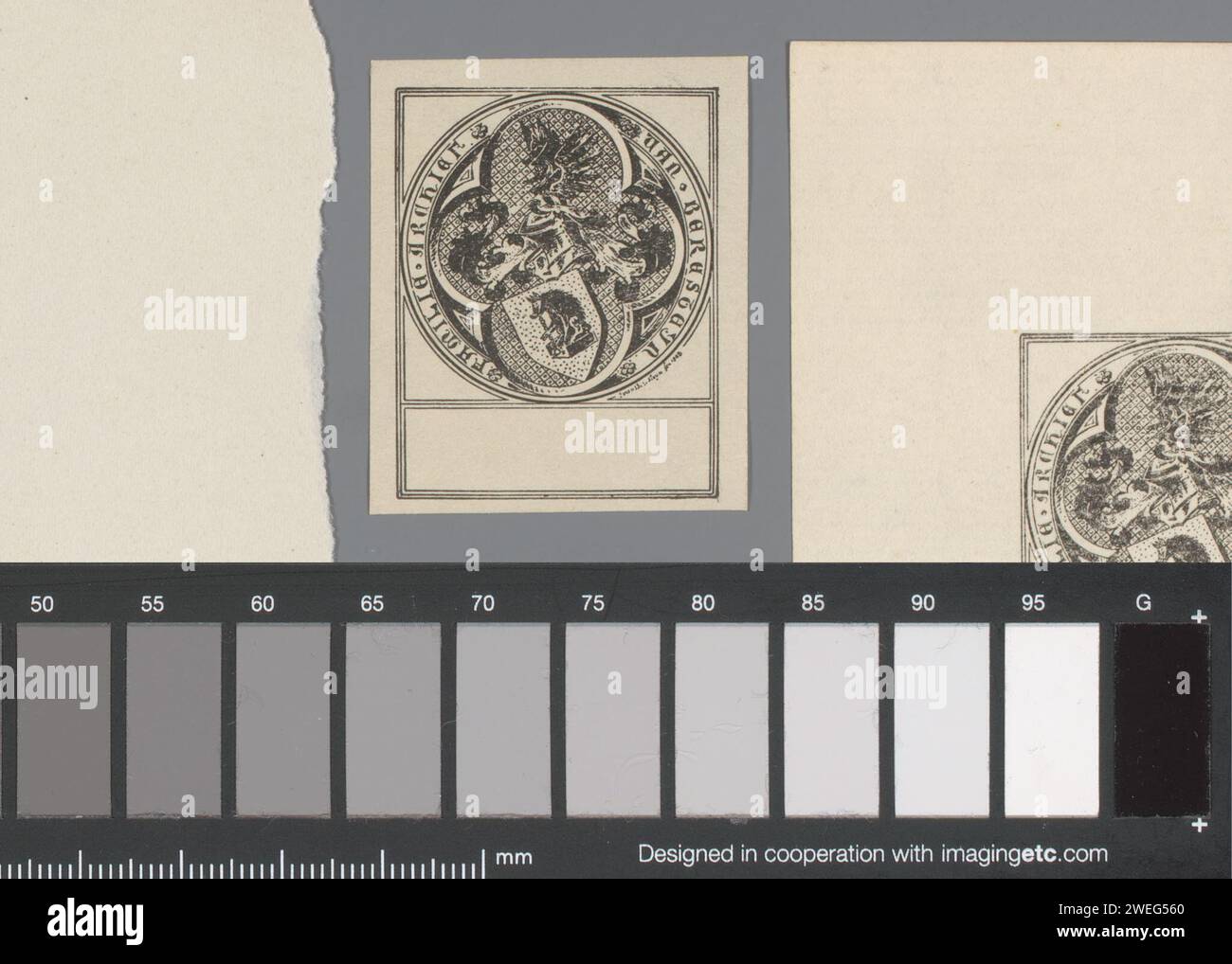 Ex Libris dell'archivio della famiglia Beresteijn, Anonimo, dopo Celtjo Aldegondus van Beresteijn, 1908 blocco di stampa su carta portante araldica Foto Stock