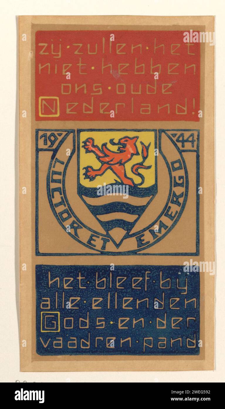 Opuscolo con Wapen van Zeeland, 1944, Anonymous, 1944 stampa opuscolo anti-tedesco con arma della Zelanda e l'anno 1944. Al centro: Wapen van Zeeland 1944 e lo slogan "Luctor et Emergo". In cima a Red Fond: Non avranno i nostri vecchi Paesi Bassi. In fondo alla distanza blu: È rimasto con tutta la miseria di Dio e der Vaadren edificio. carta . Zeeland Foto Stock