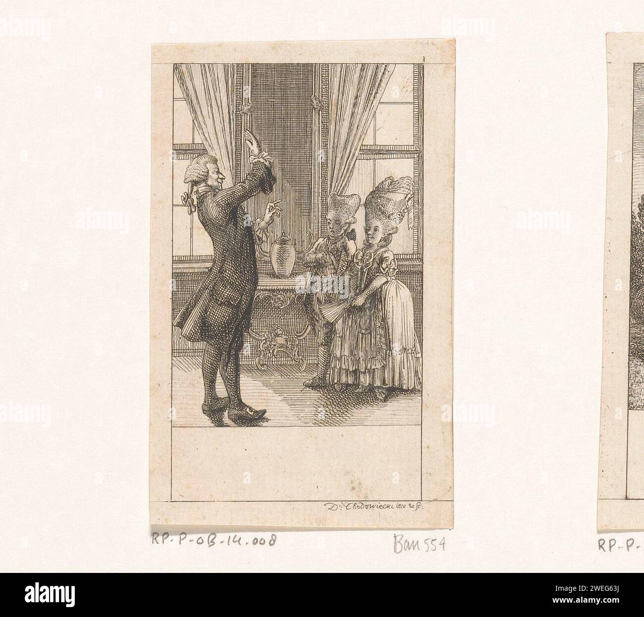 Due bambini ricevono lezioni, Daniel Nikolaus Chodowiecki, 1778 stampa due bambini ricevono un'istruzione in senso 'colpito'. I bambini sono vestiti da adulti e ascoltano disinteressati a un insegnante ferocemente gesticolante. Numerato in alto a destra: 1. carta. insegnante di incisione a matita e allievo Foto Stock