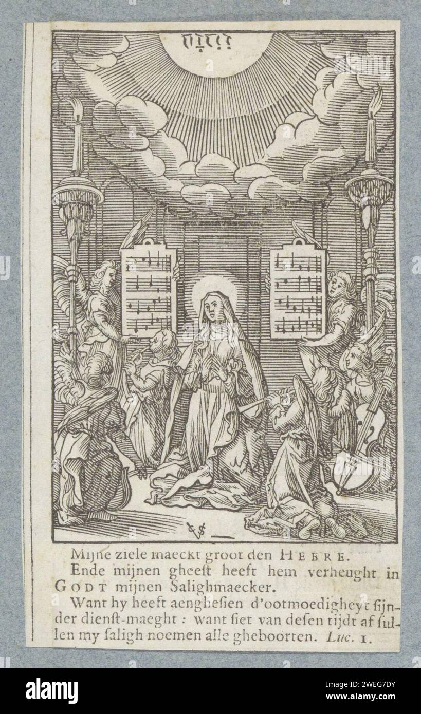 Maria circondata da angeli musicisti, 1629 stampa Maria in atteggiamento inginocchiato in partenza. Prega il Magnificat. Sopra la sua testa il tetragramma in una nuvola radiosa. Intorno ai suoi quattro angeli musicali che (da sinistra a destra) suonano la Viola da gamba, Kromhoorn, flauto e Viola da gamba. L'immagine noce del brano musicale che viene riprodotto può essere vista su due tavolette, che sono fermate da due angeli in piedi. Sotto lo spettacolo un testo in lingua olandese da Luc. 1. La stampa fa parte di un album. Carta letterpress stampa Maria (senza Cristo-bambino), insieme ad altri. angeli che cantano, fanno musica Foto Stock