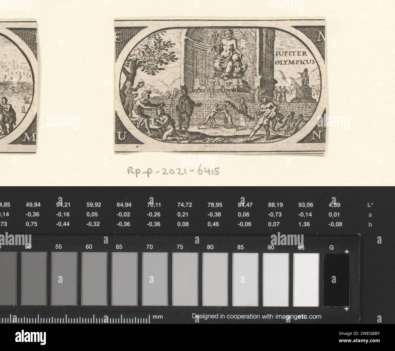 Statua di Zeus ad Olimpia, Josua van den Enden, dopo Philips Galle, dopo Maarten van Heemskerck, 1606 - 1656 ca. Stampa l'immagine di Zeus era all'interno del Tempio dorico di Olimpia, sul Peloponneso greco. Divenne intorno al 433 a.C. Realizzato dallo scultore ateniese Fidia. A destra del tempio un'immagine di Ercole. Sulle scale per le persone del tempio che adorano l'immagine di Zeus. In primo piano sulla destra lottatori olimpici e cavalieri, sulla sinistra uno dei vincitori è onorato. Incisione/incisione su carta/stampa su carta della statua di Zeus di Phidias (meraviglia del mondo). wrestling (sport). Foto Stock