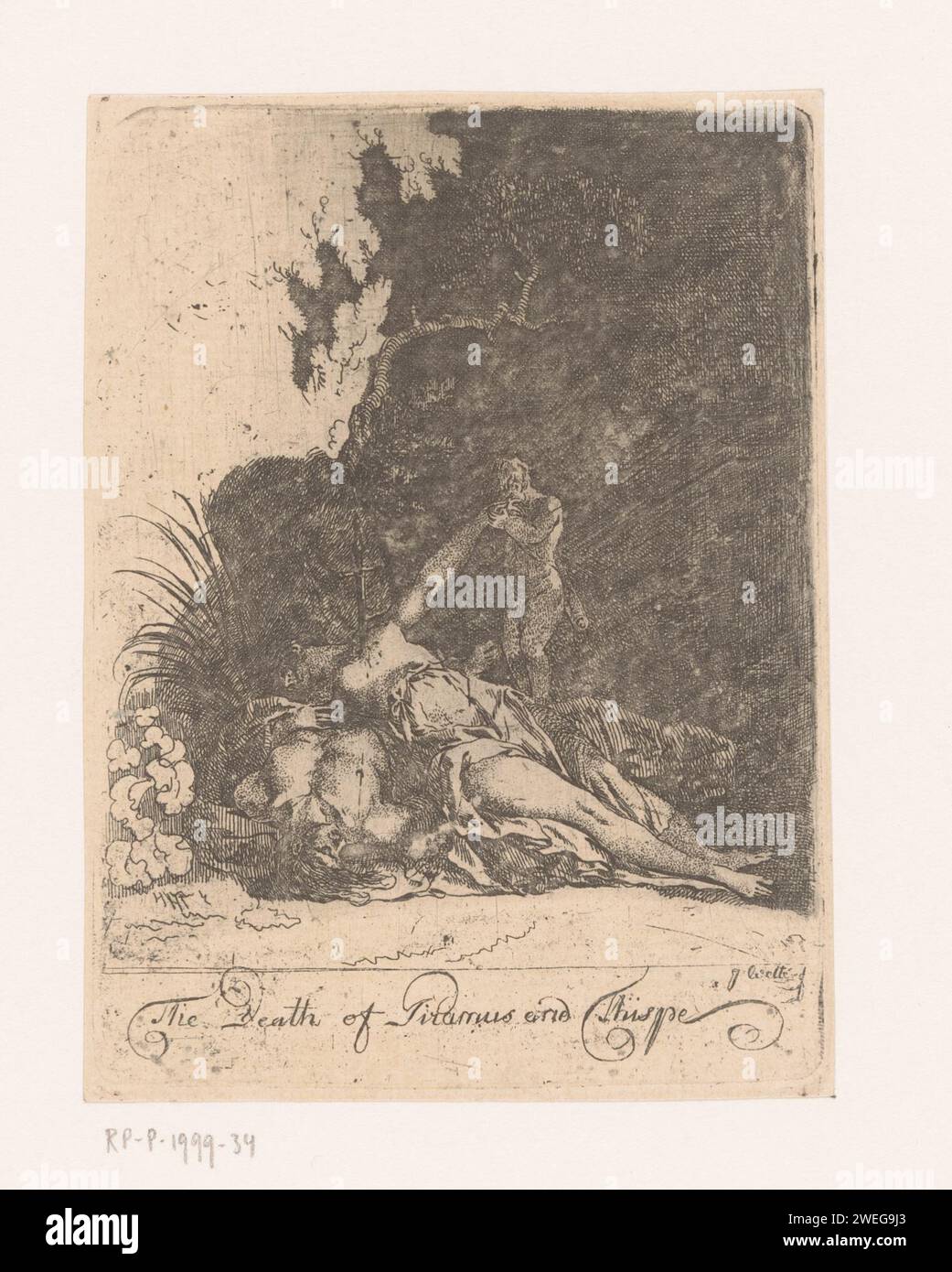 PYRAMUS en thisbe, Gottlieb Welté c. 1755 - c. 1790 carta stampata che incide Thisbe si uccide con la spada di Pyramus (la scena può essere rappresentata vicino a una fontana). cupidi: 'amores', 'amoretti', 'putti' Foto Stock