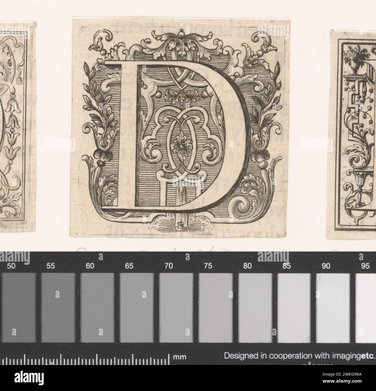 Lettera D, anonimo, 1700 - 1799 stampa lettera D su sfondo con treccia e fontana. incisione della carta/stampa letterpress di lettere di qualità Foto Stock