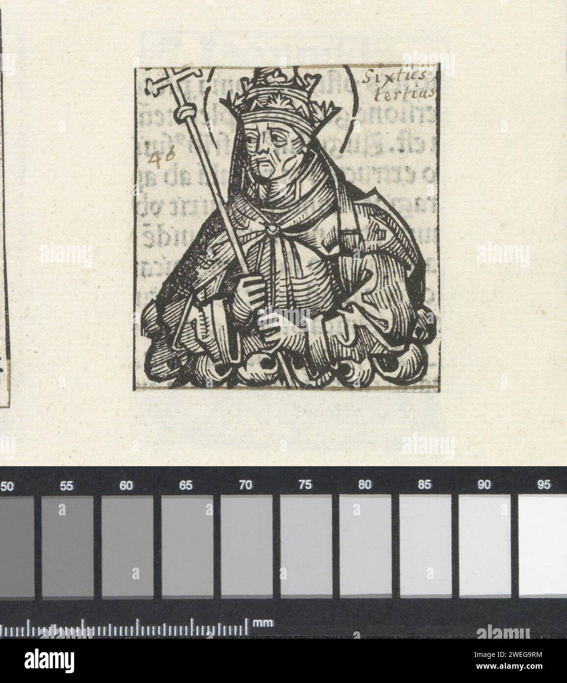 Paus Sixtus III, Michel Wolgemut (laboratorio di), 1493 stampa una sfida floreale con un papa. Indossa una tiara e ha uno staff con una doppia croce in mano. Il Nimbus intorno alla sua testa dice che il papa è stato dichiarato santo. L'esecuzione fa parte dei papi di successione nel Liber Chronicarum. Il testo scritto a mano identifica l'uomo come Sisto III La stampa fa parte di un album. carta letterpress stampa pope Foto Stock