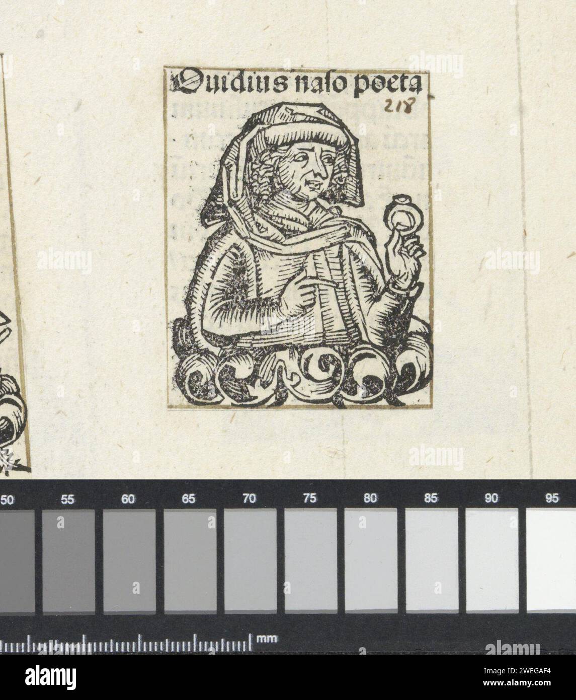 Secondo la pronunenza di Syous, un chaleus murale malameale), 1493 stampare una sfida floreale con un uomo con un cappuccio sulla testa, girato a destra. Nella mano sinistra l'uomo ha un anello. Il testo lo identifica come il poeta Ovidio. La stampa fa parte di un album. carta tipografica che stampa uomini di storia classica. scrittore, poeta, autore Foto Stock