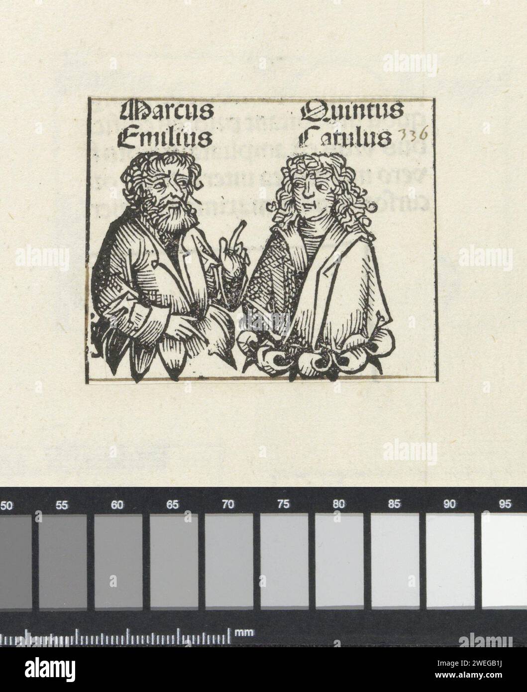 Marcus Lepidus en Fifth Cub, Michel Wolgemut (Workshop of), 1493 stampa due pelli di fiori con un uomo. L'esecuzione fa parte della lista dei consoli romani nel Liber Chronicarum. Il testo identifica gli uomini come Marco Emilio Lepido e Quinto Lutazio Catulo. La stampa fa parte di un album. carta tipografica che stampa uomini di storia classica Foto Stock