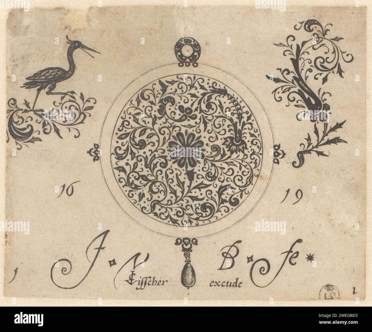 Ornamento nero con foglie dense e fini, un fiore e un uccello, monogrammista JVB, 1619 stampa Una foglia da una serie di disegni per gioielli. ornamenti per incisione su carta  fogliame, tendine, rami  ornamento. fiori  ornamento. uccelli. ornamenti, gioielli Foto Stock