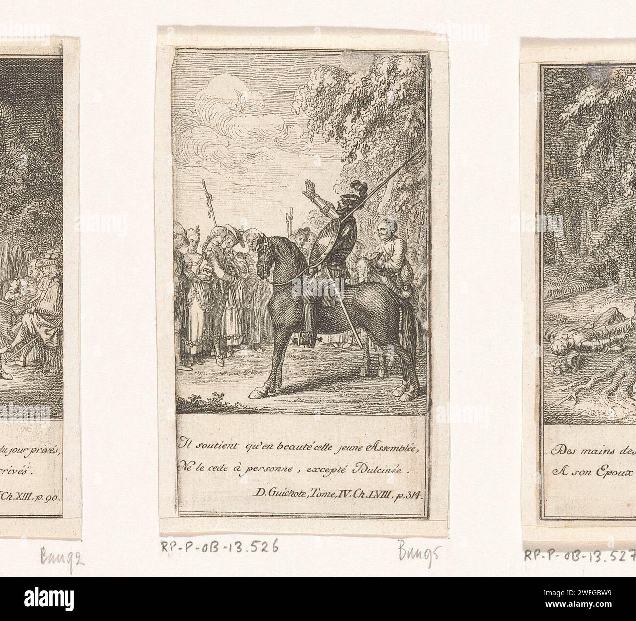 Don Chisciotte sul matrimonio di Kamacho, Daniel Nikolaus Chodowiecki, 1770 stampa Quiteria amava Bazilius, ma fu costretto a sposare il ricco Kamacho. Per un cuore spezzato, Bazilius si attacca alla sua spada e chiede a Quiteria di sposarlo in modo che possa morire felicemente. Non appena il sacerdote ha benedetto il matrimonio, Bazilius si rialza in salute e di nuovo. Incisione di carta Don Quijote. Sancho Panza Foto Stock