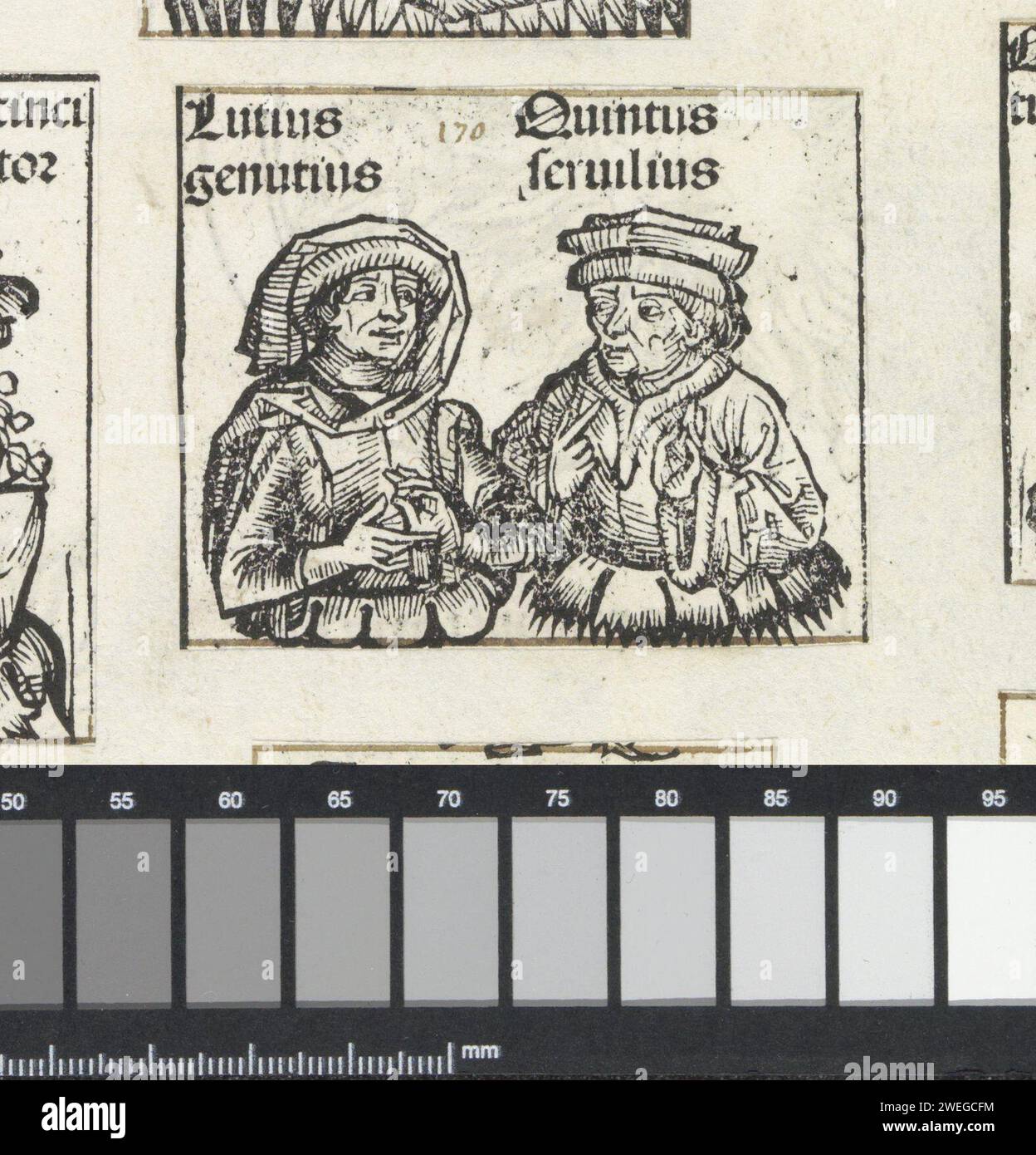 Lucius a svenue, Michel Wolgemut (Workshop of), 1493 stampa due pelli di fiori con due uomini. La sinistra indossa un cappuccio. Il giudice un cappello. Il testo li identifica come Lucius Gemicius e Quintus Servilius. L'esecuzione è un frammento della successione dei consoli romani nel Liber Chronicarum. La stampa fa parte di un album. carta tipografica che stampa uomini di storia classica Foto Stock