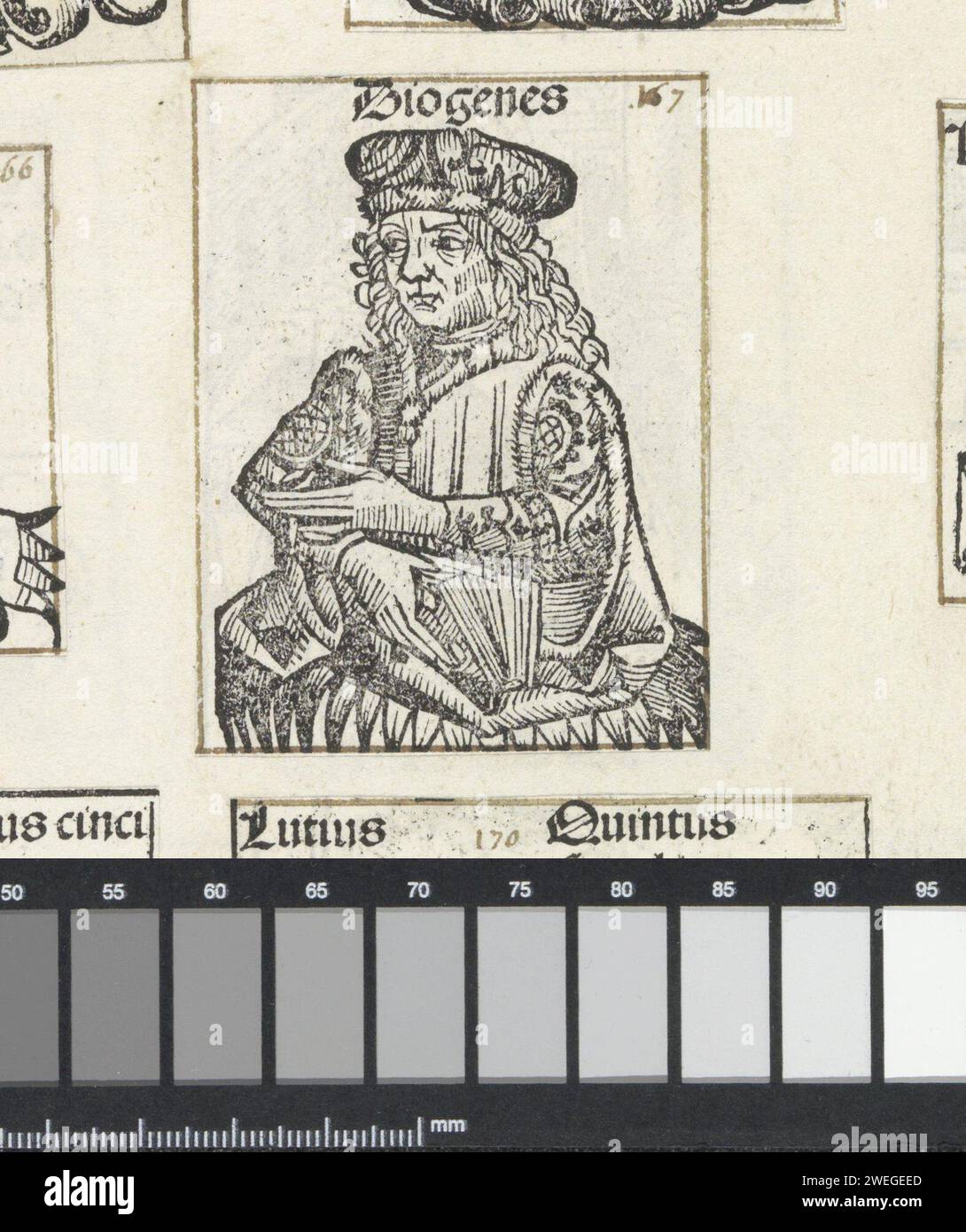 Diogenes van Sinope, Michel Wolgemut (laboratorio di), 1493 stampa Un calice di fiori con un uomo in abiti ricchi, girato a sinistra. Il testo lo identifica come il filosofo Diogene. La stampa fa parte di un album. carta tipografica che stampa uomini di storia classica Foto Stock