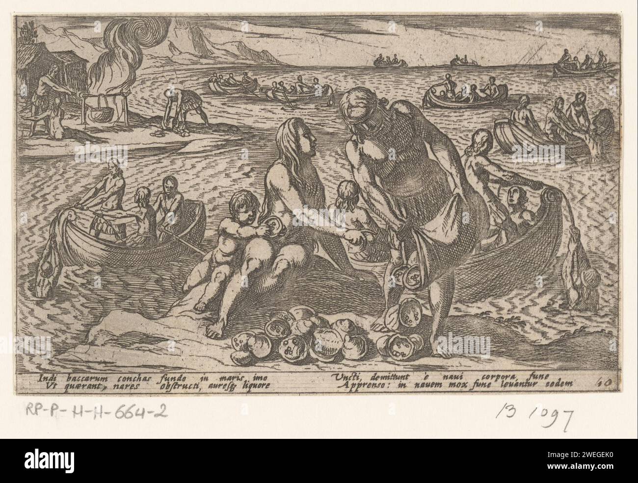 Pescatori e famiglie raccolgono ostriche, Antonio tempesta, 1605 stampe paesaggio costiero con pescatori e famiglie, sul lungomare e in barche, che raccolgono ostriche. Testo in latino in STUDMARGE. cacciatore di incisioni di carta. Cacciatori a caccia (N.B.: Nel 1988-1990 questa notazione denotava il concetto di 43C11421 "cacciatori che riposano durante la caccia"). fisherman. molluschi: ostriche Foto Stock