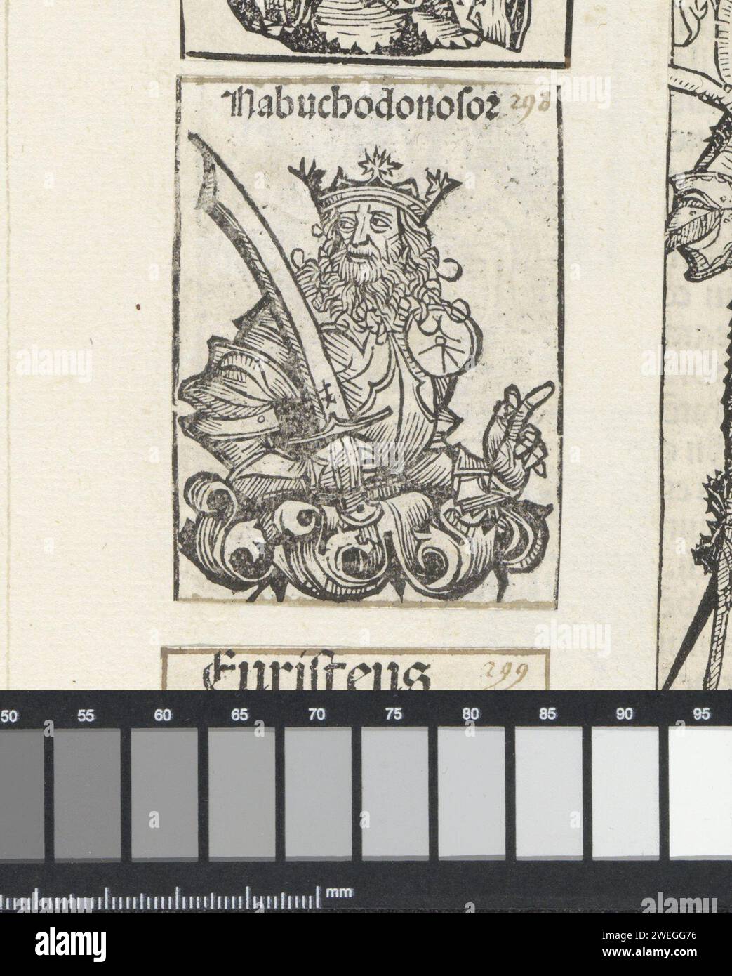 Koning Nabucodonosor II, Michel Wolgemut (laboratorio di), 1493 stampare Un calice di fiori con un re. Quell'uomo ha una spada in mano. Il testo lo identifica come il re babilonese Nabucodonosor (II). La stampa fa parte di un album. carta da lettera per la stampa king. Persone dell'Antico Testamento (non in contesto biblico, né che si verificano in estensioni leggendarie/storiche incluse nella Divisione 71) Foto Stock