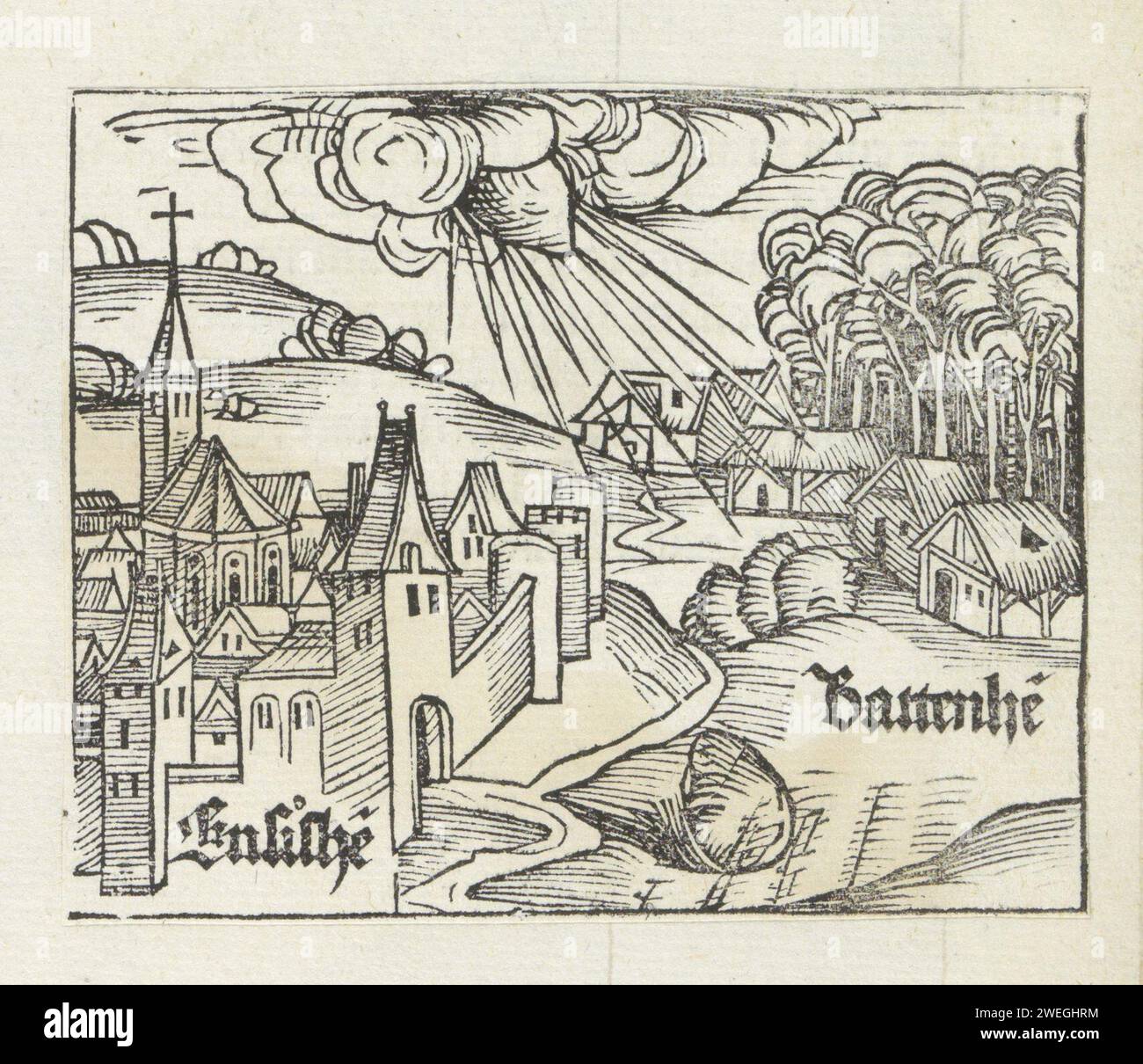 Veduta di Ensisheim e Battenheim con impatto meteoritico, Michel Wolgemut (officina o), stampa 1493 veduta di Ensisheim e Battenheim. Lo spettacolo mostra un evento del 1492. Poi un meteorite cadde dal cielo. La stampa fa parte di un album. stampa su carta letterpress vista città e paesaggio con costruzioni artificiali. meteor Ensisheim. Battenheim Foto Stock