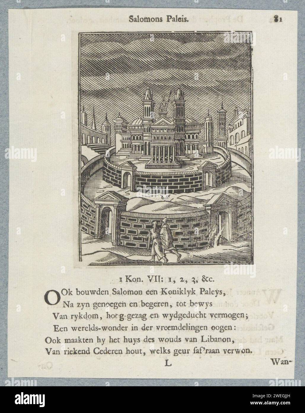 Il palazzo di Salomone, 1740 stampa il palazzo di Salomone. Un titolo sopra lo spettacolo. Sotto sei versi e un riferimento a 1 re 7: 1-3. La stampa fa parte di un album. Tipografia cartacea che stampa il palazzo di Salomone (1 Re 7:1-12) Foto Stock