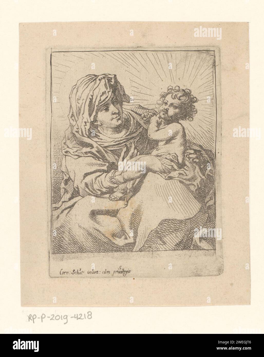 Madonna con bambino, Cornelis Schut (i), 1607 - 1655 stampa il bambino Cristo è sul ginocchio di una Maria velata; si sostiene contro la spalla. Madonna incisa di carta: Maria seduta o in trono, il Cristo bambino in grembo (o davanti al seno) (Maria a volte rappresentava mezza lunghezza) Foto Stock