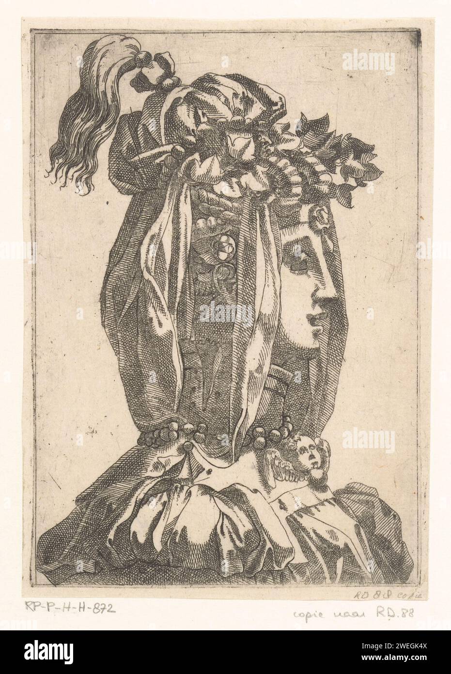 Donna con maschera e copertura testa fantasia, anonima, dopo Léonard Thiry, dopo Rosso Fiorentino, c. 1535 - c. 1598 carta stampata incisione costume fantasia. maschera. testa-ingranaggio. le arti del palcoscenico: balletto, teatro, dramma musicale, film Foto Stock