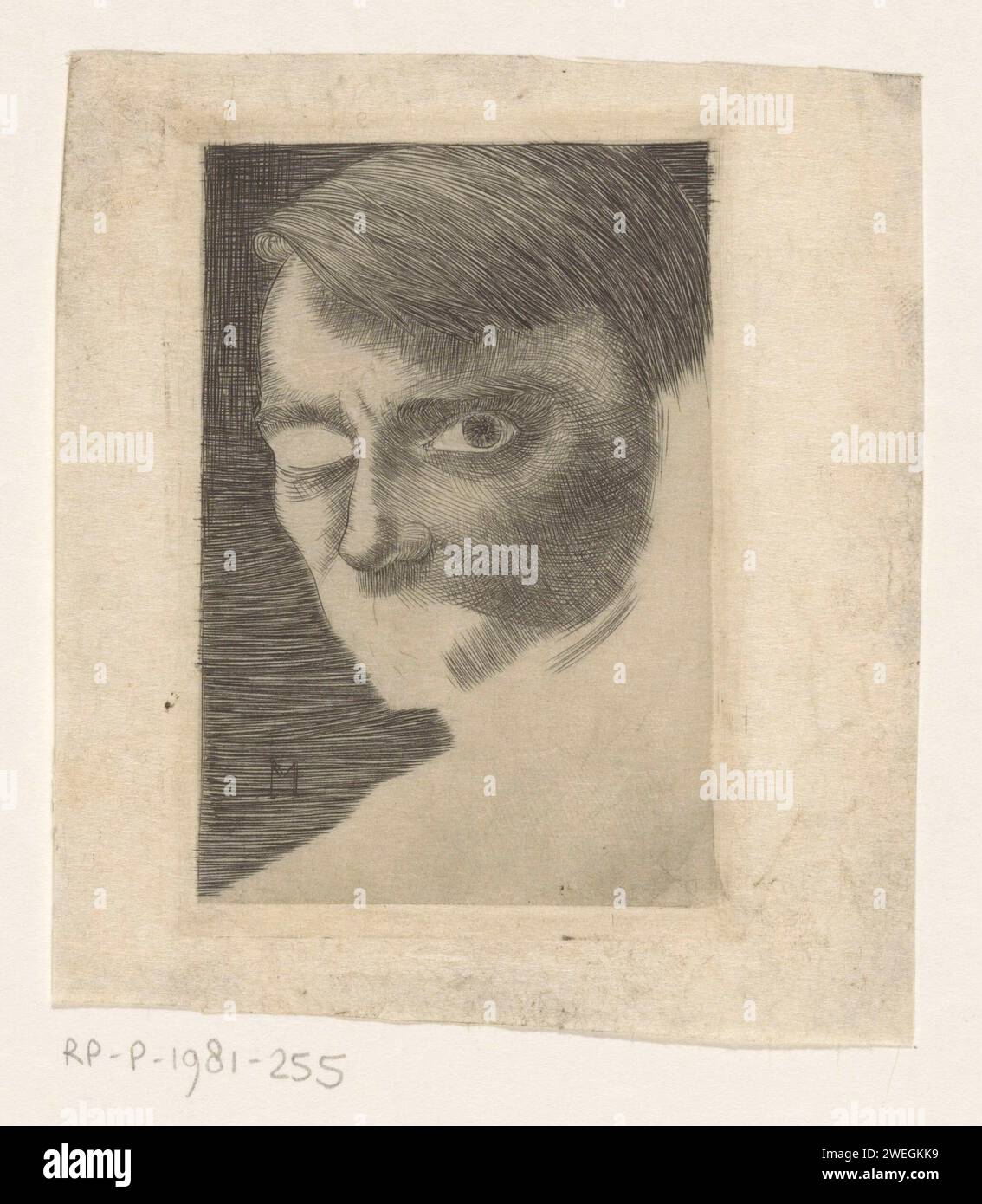 ZELFORTART, JAN Mankes, 1917 stampa occhi destri, bocca, mento, orecchio sinistro e collo mancanti. ritratto con incisione su carta, autoritratto dell'artista Foto Stock