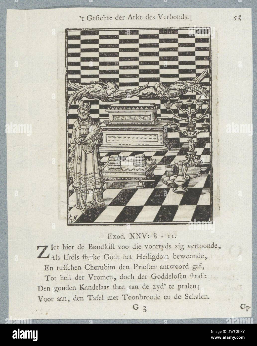 Arca dell'alleanza e oggetti del tabernacolo, 1740 stampa Arca dell'alleanza, in cui è conservata la tavola della legge. Due cherubini superiori. Sulla destra c'è una Menora. Lavoro vascolare per i sacrifici del vino e una tavola con il pane tonico. A sinistra Aaron nel male del prete. Un titolo sopra lo spettacolo. Sotto sei versi e un riferimento a Esodo 25: 8-11. La stampa fa parte di un album. Carta tipografica che stampa Arca dell'Alleanza  religione ebraica. Altri oggetti custoditi nel Tabernacolo Foto Stock