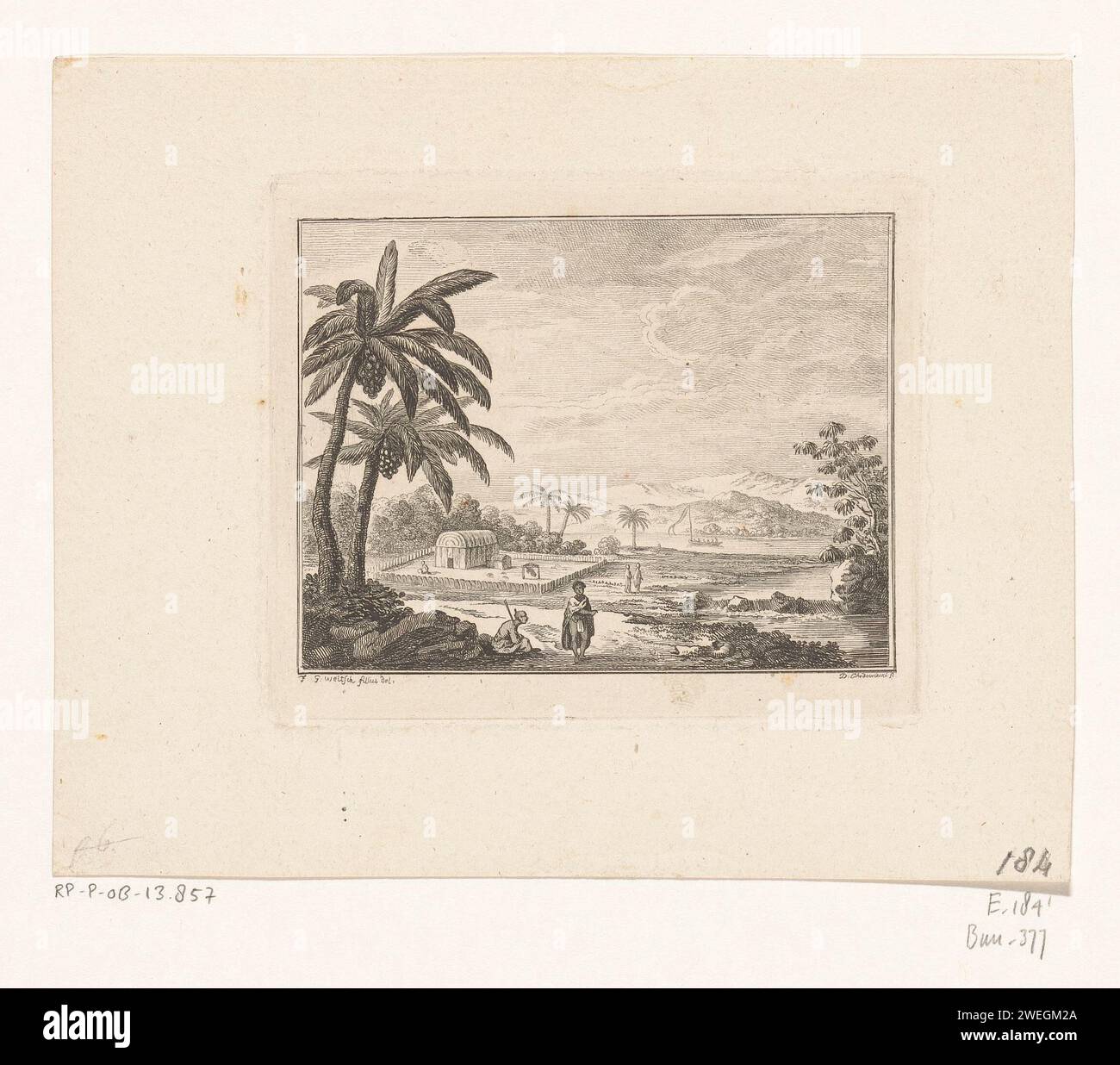 Landschap Op Tahiti, Daniel Nikolaus Chodowiecki, dopo Friedrich Georg Weitsch, 1777 stampa di carta che incide paesaggi (+ paesaggio con figure, personale). Alberi: palme Tahiti Foto Stock