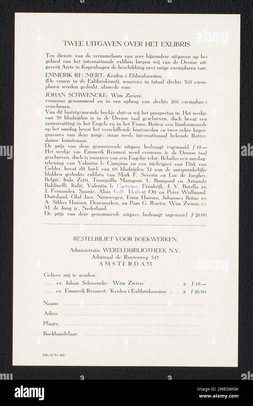 Prospetto per "due edizioni su Exlibris", World Library NV, 1954 foglio di testo prospetto su due edizioni dell'editore danese Areté, che sono offerti dalla Biblioteca Mondiale nei Paesi Bassi. pubblicità su carta per stampa letterpress, avviso Foto Stock