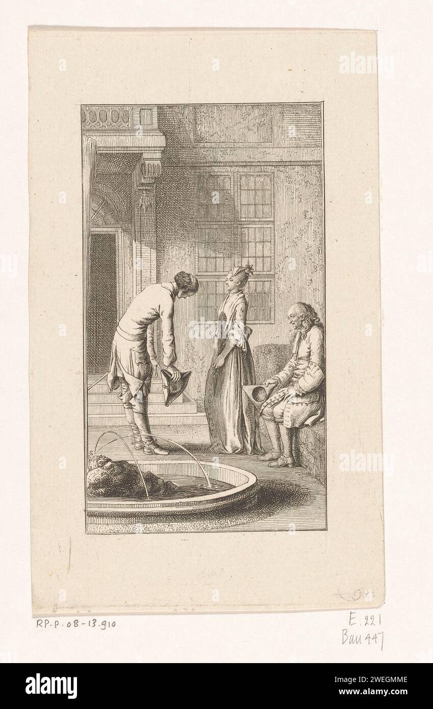 John Buncle a Miss Henley e suo nonno, Daniel Nikolaus Chodowiecki, stampa del 1778 dopo la morte della sua prima moglie, John Buncle esce di nuovo. Nella zona di Basilgrove, arriva in una casa di campagna dove la bella signorina Henley vive con il suo vecchio nonno. Documentazione per l'incisione della carta. baring la testa, sollevando il cappello. testa piegata in avanti; piegata. fontana del giardino Foto Stock