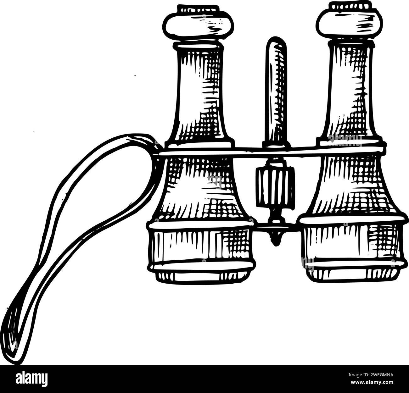 Illustrazione vettoriale di un vecchio binocolo d'epoca. Disegno lineare disegnato a mano di apparecchiature ottiche dorate retrò su sfondo bianco isolato. Schizzo del teatro dell'opera. Line art dello strumento nautico. Illustrazione Vettoriale