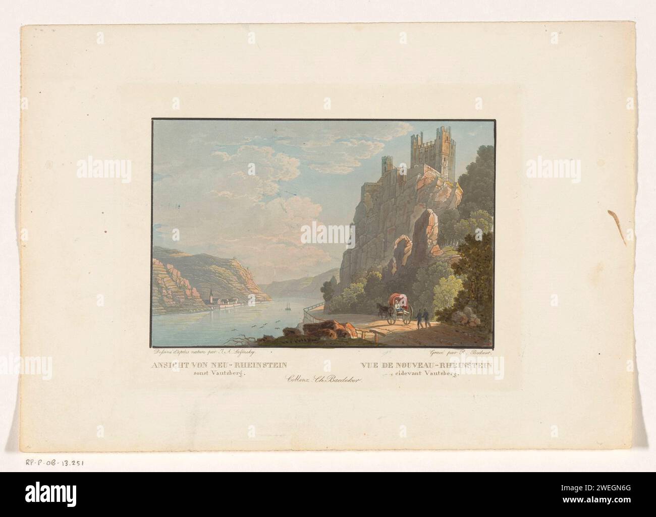 Vista del castello di Rheinstein, Rudolf Bodmer, dopo Adolf Lasinsky, 1832 - 1872 carta stampata del fiume Burg Rheinstein. Rijn Foto Stock