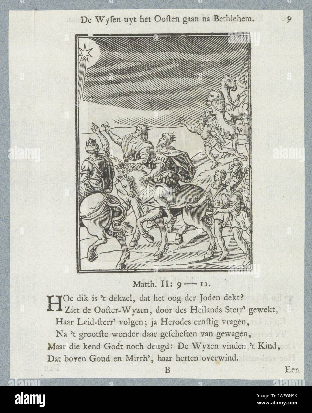 Tre re in viaggio per Betlemme, 1740 stampa tre re a cavallo seguono la stella a Betlemme. Un titolo sopra lo spettacolo. Sotto sei versi e un riferimento a Matteo 2: 9-11. La stampa fa parte di un album. Stampa di carta tipografica la stella appare di nuovo e guida i tre saggi a Betlemme Foto Stock