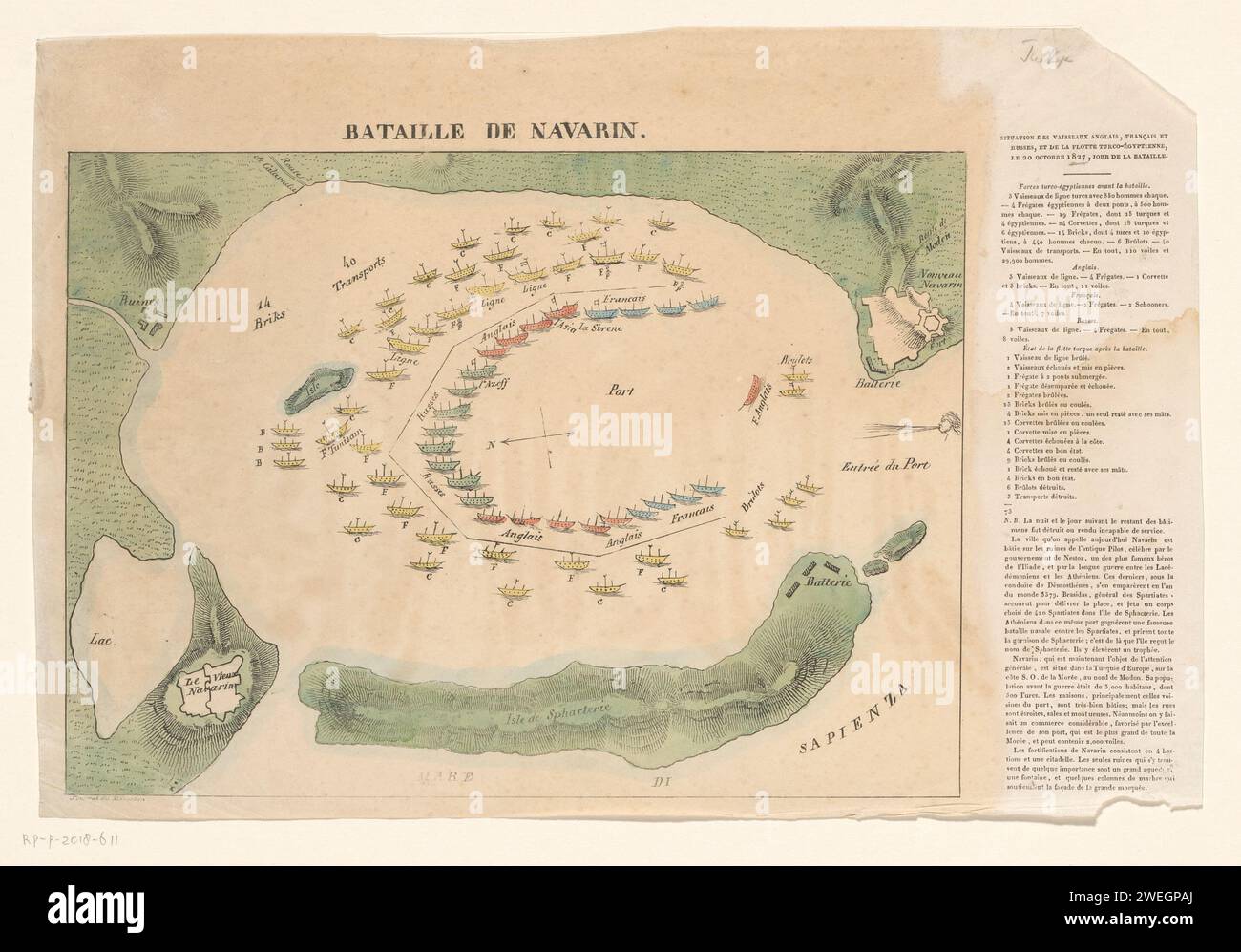 Battaglia marittima a Navarino, 1827, Anonimo, 1827 stampa Battaglia marittima a Navarino (Pylos), 20 ottobre 1827, durante la guerra d'indipendenza greca. Battaglia marittima tra la flotta alleata e la flotta turco-egiziana. Carta della baia con le flotte in ordine di battaglia. A destra una legenda stampata. Dal "Journal du Manneken". Carta tipografica stampa battaglia (+ velieri) Navarino Foto Stock