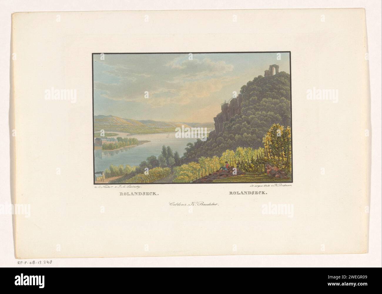 Veduta di Rolandseck, Rudolf Bodmer, dopo Adolf Lasinsky, 1832 - 1872 carta stampata fiume Rolandseck. Reno Foto Stock