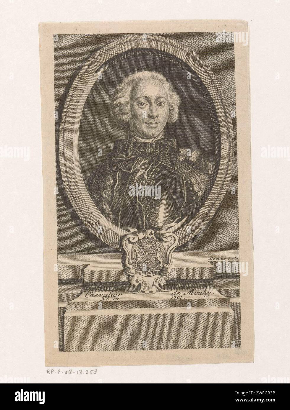 Ritratto di Charles de Fieux de Mouhy, Christian Friedrich Boëtius, 1721 - 1782 carta stampata incisione persone storiche. cuscinetto araldico. armatura Foto Stock