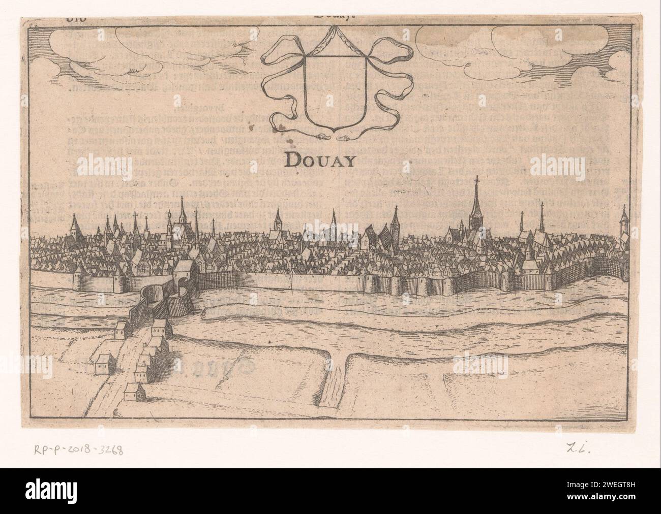 Veduta di Douai, Anonimo, stampa del 1617 veduta della citta' di Douai con nel mezzo di uno stemma. Carta incisa / stampa tipografica prospettiva della città, panorama della città, silhouette della città di Douai Foto Stock