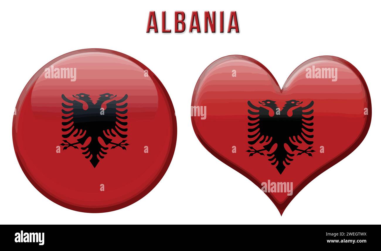 Bandiera albanese con pulsanti arrotondati e a forma di cuore, illustrazione vettoriale Illustrazione Vettoriale
