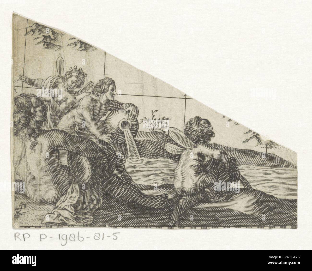 Divinità del fiume e putto, Anonimo, 1700 - 1800 stampa lungo un fiume ci sono due divinità del fiume e un putto con brocche d'acqua. A sinistra c'è una donna alata. Dettaglio di una scheda sconosciuta. Incisione di carta River-Gods. Cupidi: 'Amores', 'Amoretti', 'Putti' Foto Stock