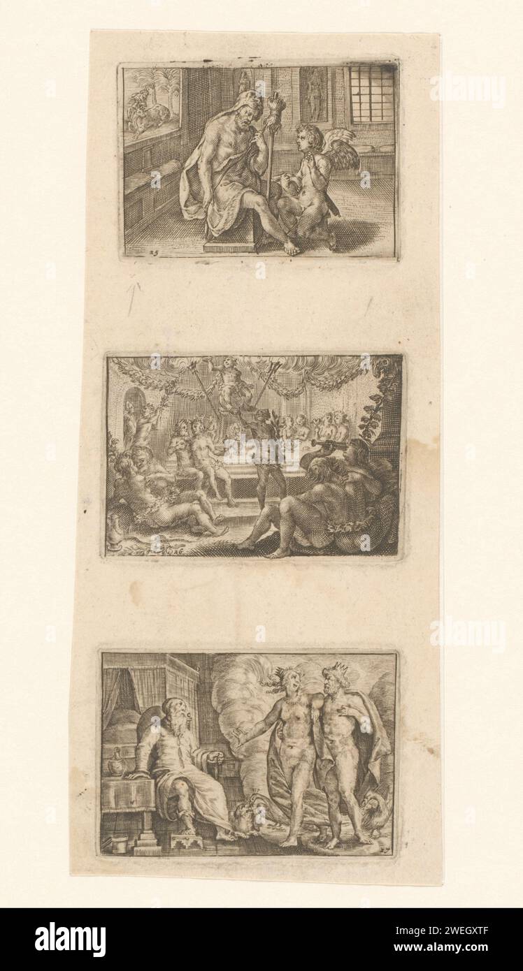 Tre rappresentazioni mitologiche, monogramma Miss MP, c. 1620 - c. 1650 stampa tre rappresentazioni su una foglia. Sopra: Hercules Spints Wool accompagnato da Amor. Centrale: Festa di Bacco. Sotto: Giunone e Giove appaiono sulle vecchie Tiresia. Le rappresentazioni sono numerate da 25 a 27. Incisione di carta Ercole innamorata di Omphale; l'eroe è pronto a girare la lana o a fare il lavoro di altre donne tra i servitori, mentre Omphale indossa la pelle del leone e brandisce il suo bastone e l'arco. bacco: Bacco con il suo trenino vampato di vino (thiasos). Tiresia è accecata da Giunone, quando si risolve una disputa tra lei e Giove Foto Stock
