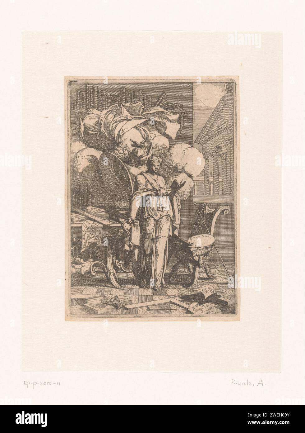 Muze van Painting, 1695 - 1699 stampa Musa della pittura, circondata da libri, strumenti geometrici, stampe, disegni, una tavolozza e un bastoncino da pittura con un tavolo da disegno e un pennarello in mano. Minerva vola da lei su una nuvola e sussurra le sue lezioni. Un tempio classico sullo sfondo. Una delle quattro illustrazioni di Pierre du Puy du Gré, Traté sur la Peinture, Tolosa 1699. Incisione su carta 'Pictura', rappresentazioni simboliche, allegorie ed emblemi  pittura; 'Pittura' (Ripa). pittura (compresa l'illuminazione di libri, la pittura in miniatura). Minerva come patrona Foto Stock